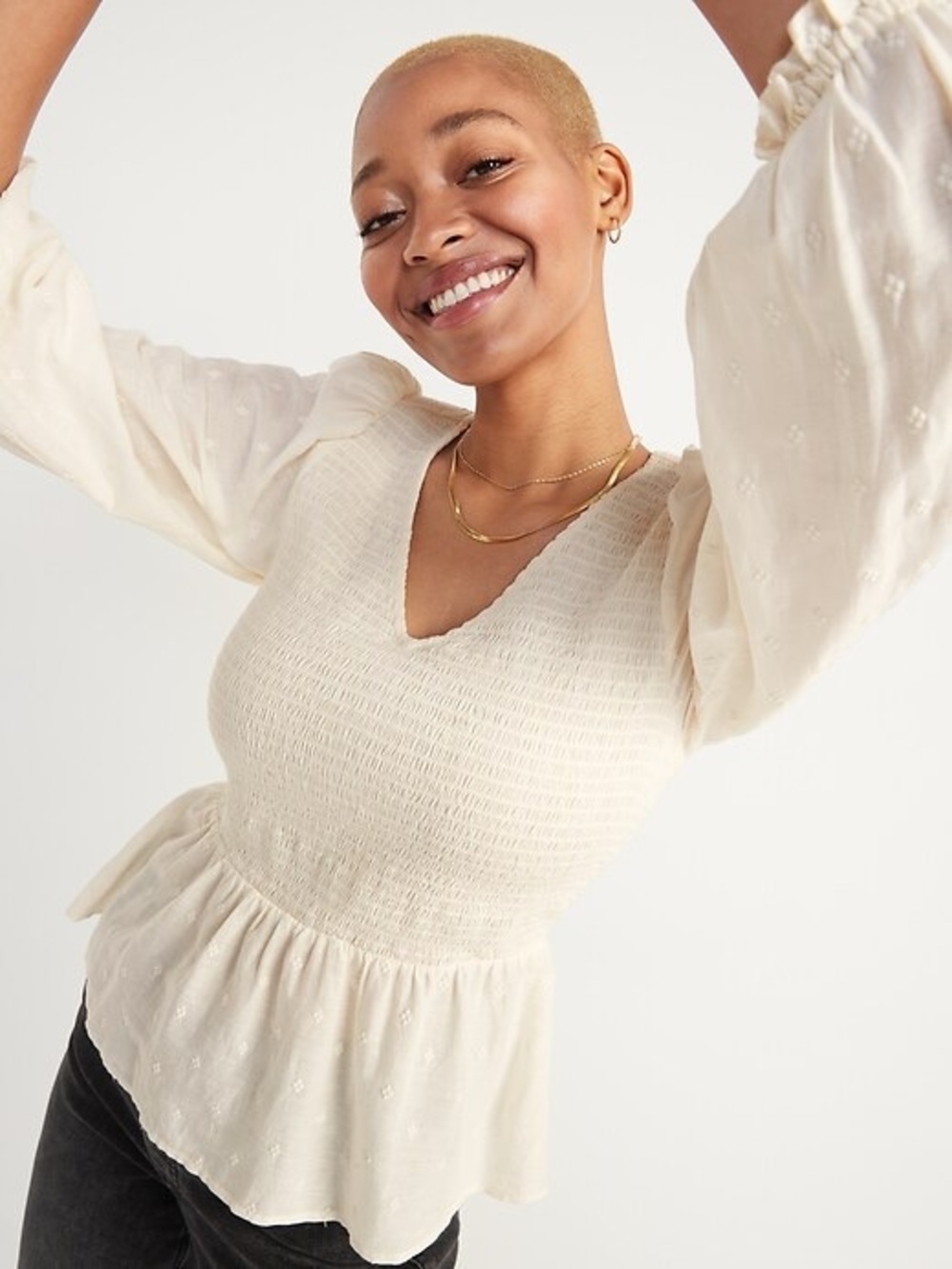 Old Navy Womens Top 2XL Cream Cottage Puff Sleeve Smocked Peplum Peasant Boho